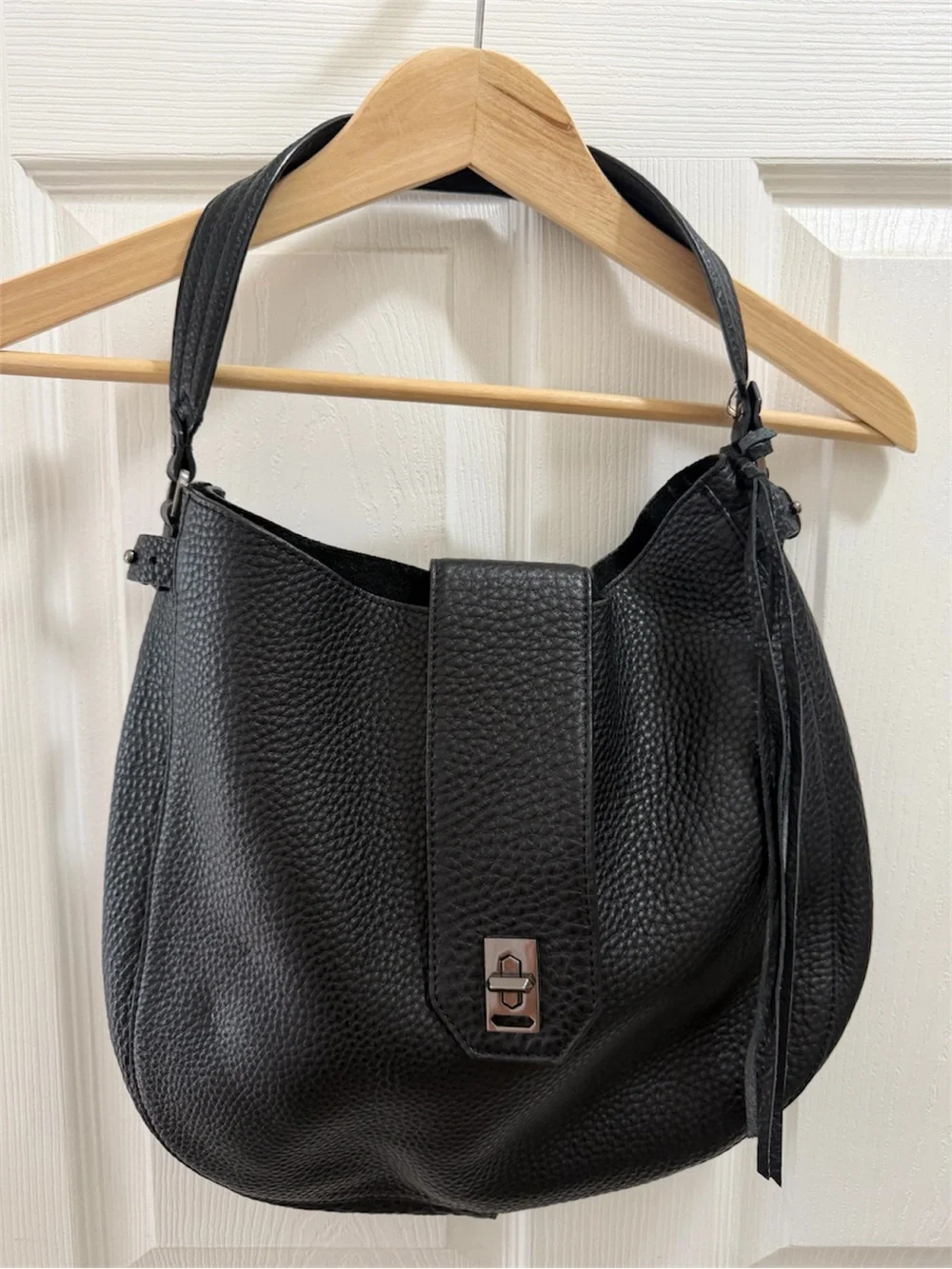 Rebecca Minkoff Black Slouch Hobo Leather Shoulder Bag with Suede Tassles.